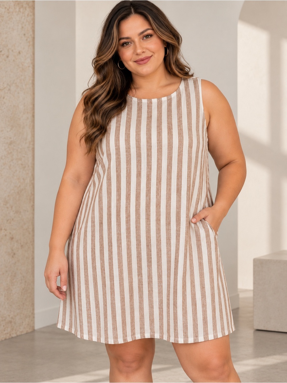 Old Navy Linen Blend Striped Sleeveless Shift Dress Brown White XXL Petite